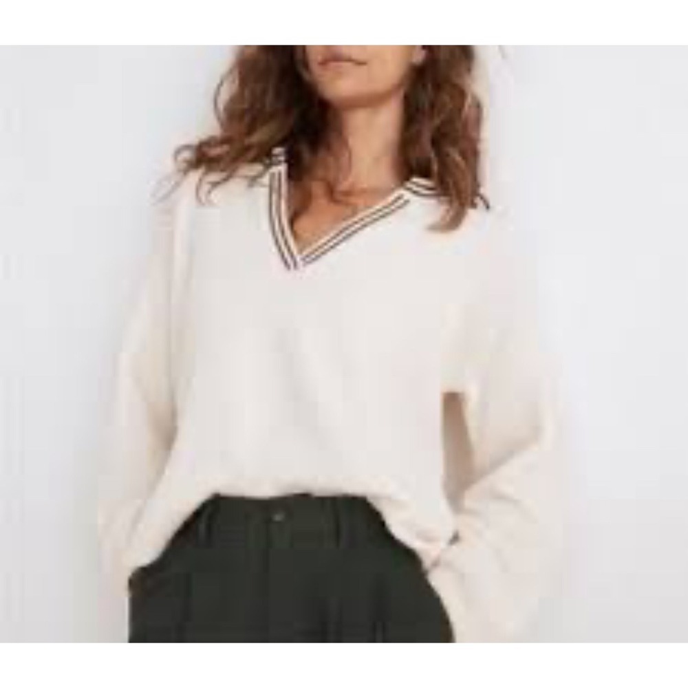 Madewell Cream V Neck Sweater XS Long Sleeve Striped Trim Relaxed Fit XS‎